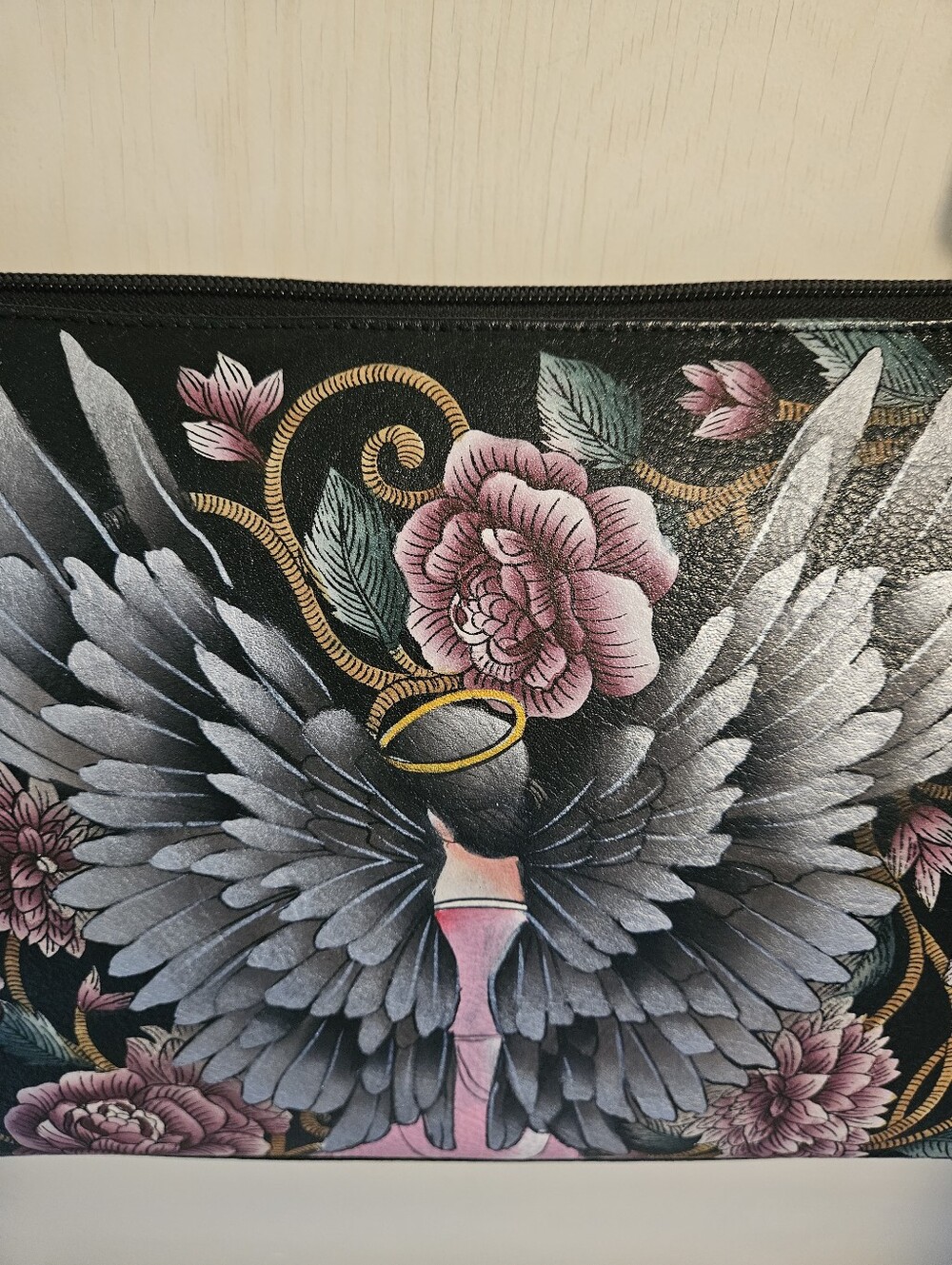 Anuschka Hand Painted Floral Guardian Angel Black and Pink Purse - Picture 2 of 14